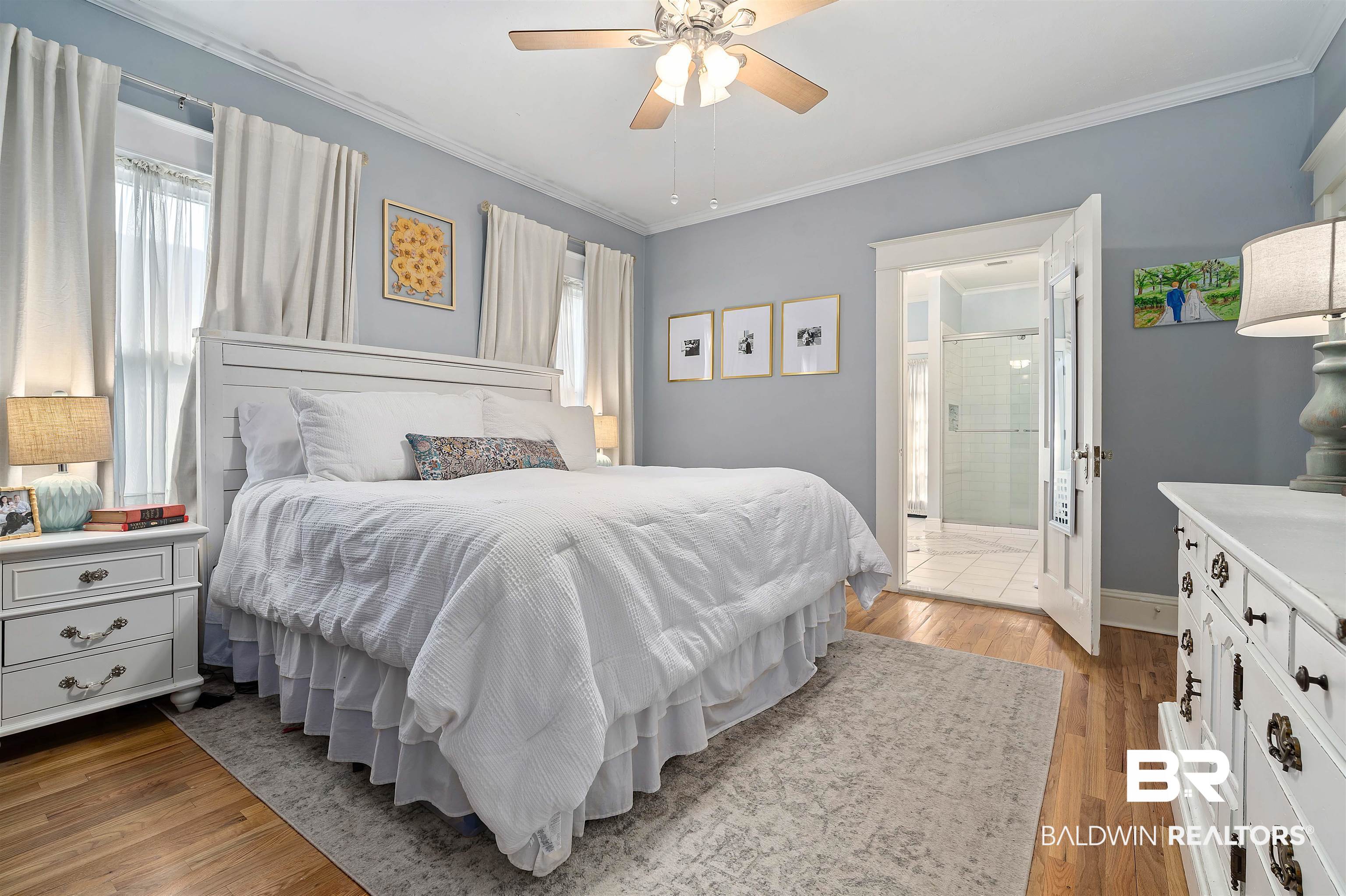 168 Mohawk Street Mobile, AL 36606 - Photo 16 of 31 Bedroom featuring light wood finished floors, ornamental molding, and a ceiling fan