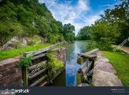 a view of a wooden bench with lake in the background