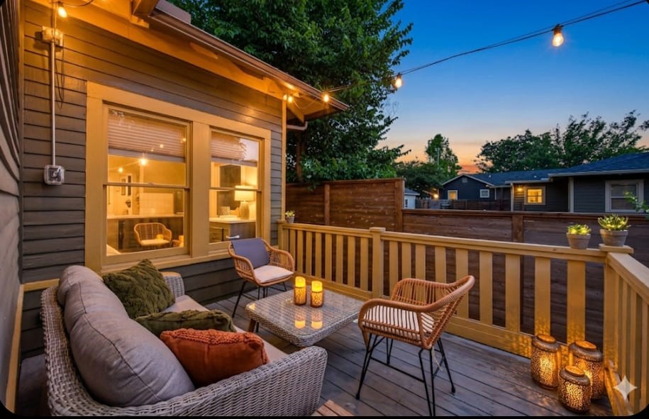 1414 Finch Street Houston, TX 77009 - Photo 14 of 24 The deck is the perfect retreat for entertaining guests, sipping your morning coffee, meditating, or simply unwinding while listening to the birds sing. Surrounded by mature greenery and open outdoor space, it offers a peaceful extension of the home filled with warmth and tranquility.