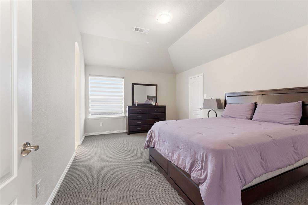 7705 Falcon Ridge Road Denton, TX 76208 - Photo 37 of 40 Bedroom featuring light colored carpet and lofted ceiling