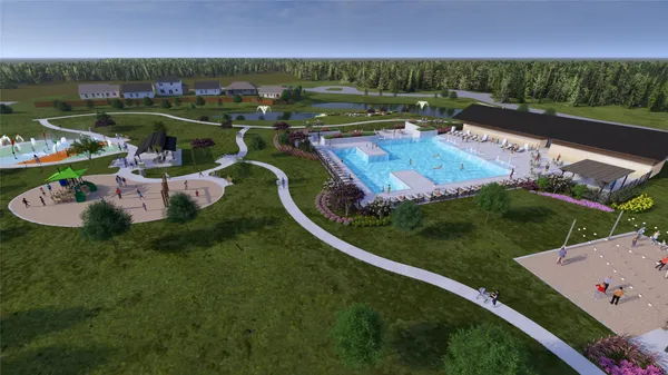 a view of a lake with a garden