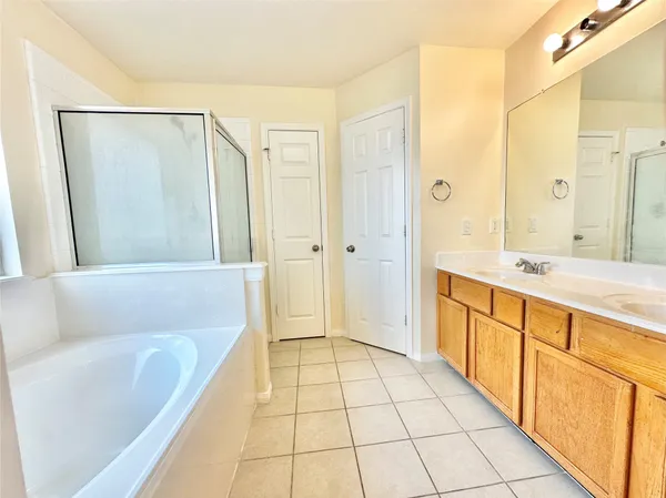 a bathroom with a tub a sink and a mirror