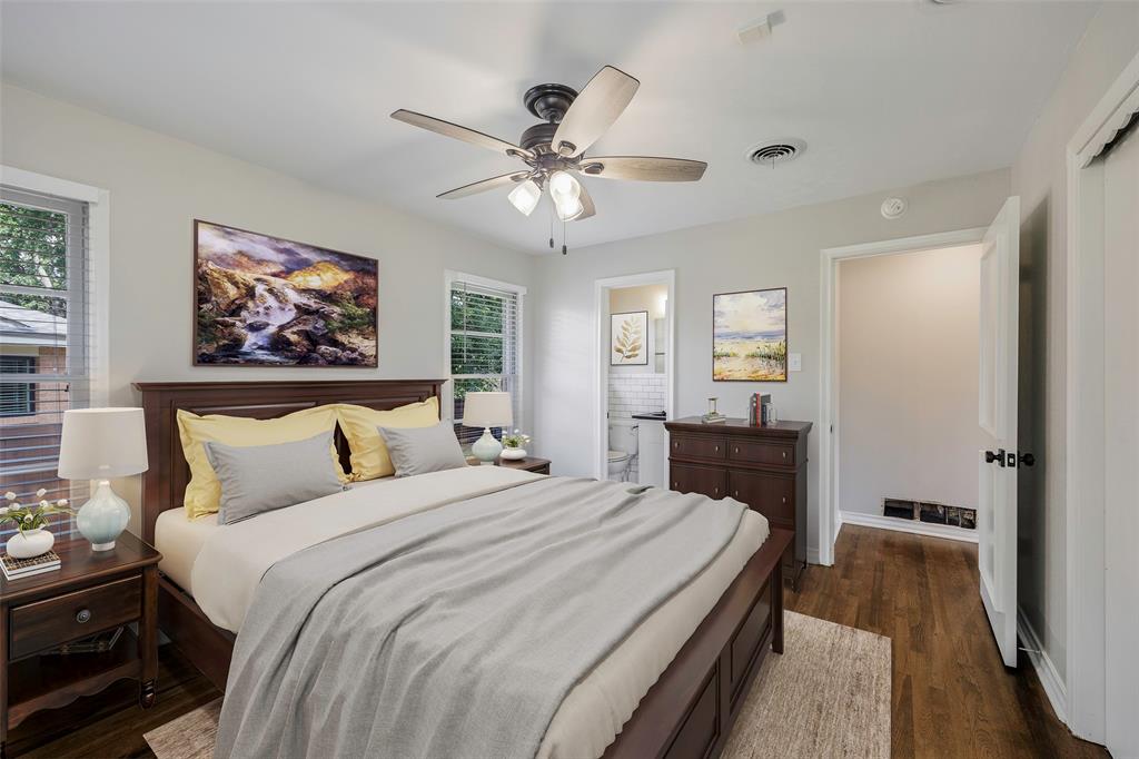 2323 Sutter Street Dallas, TX 75216 - Photo 17 of 30 Virtually staged Master Bedroom featuring ceiling fan, dark hardwood / wood-style flooring, and ensuite bath