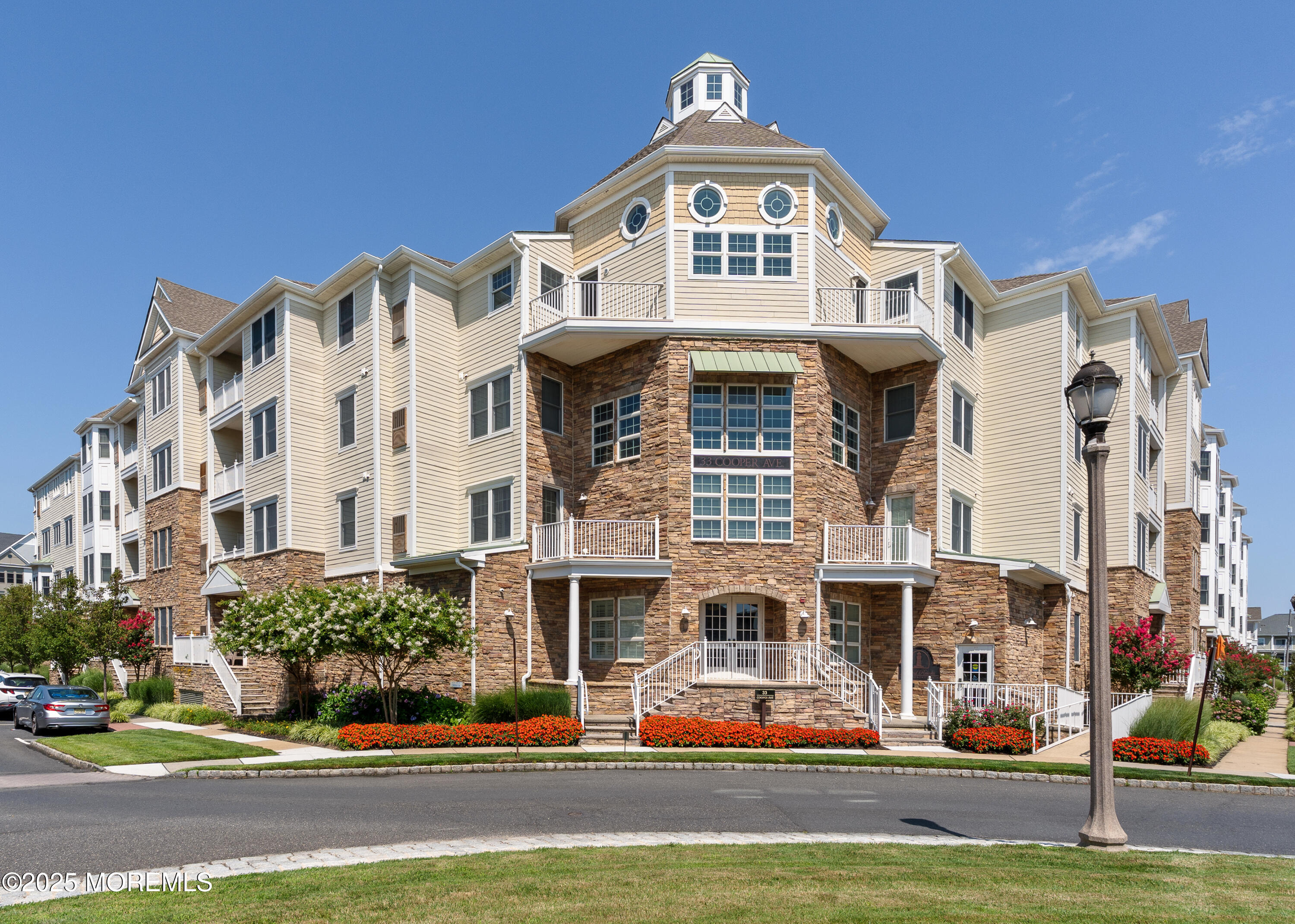 a view of a building with a street