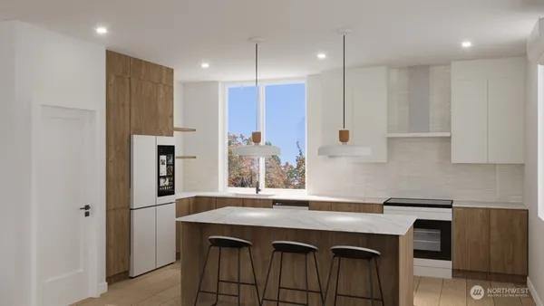a kitchen with stainless steel appliances granite countertop a sink a refrigerator and a stove