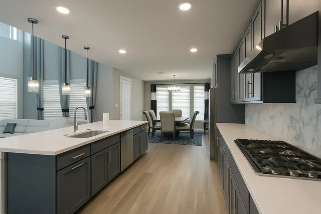 a kitchen with a sink stove and cabinets