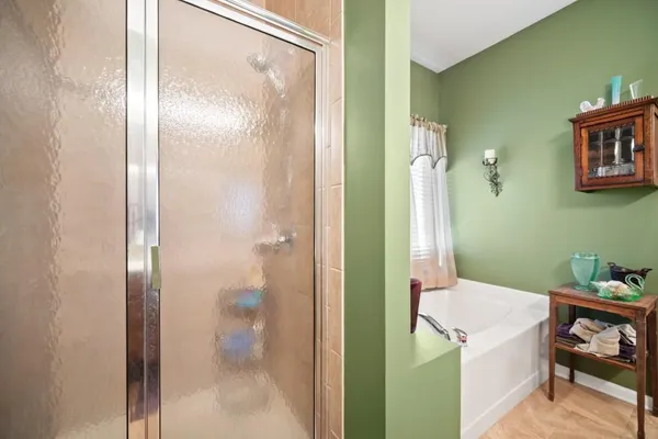 a bathroom with a shower and a sink