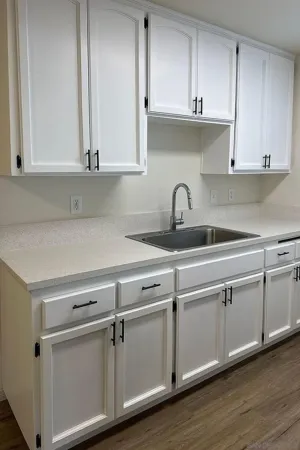 a kitchen with granite countertop white cabinets and a sink