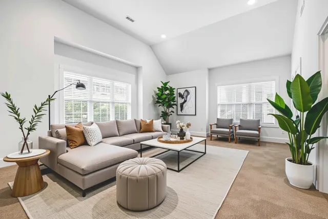 a living room with furniture potted plant and a window