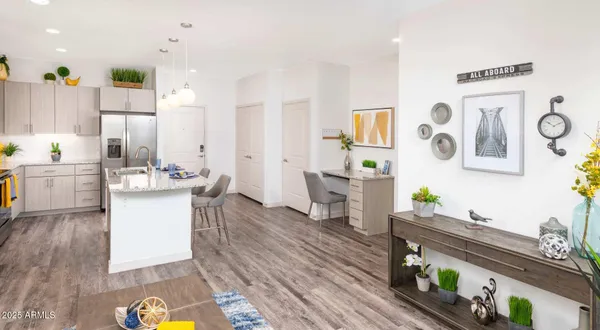 a view of a kitchen and dining room