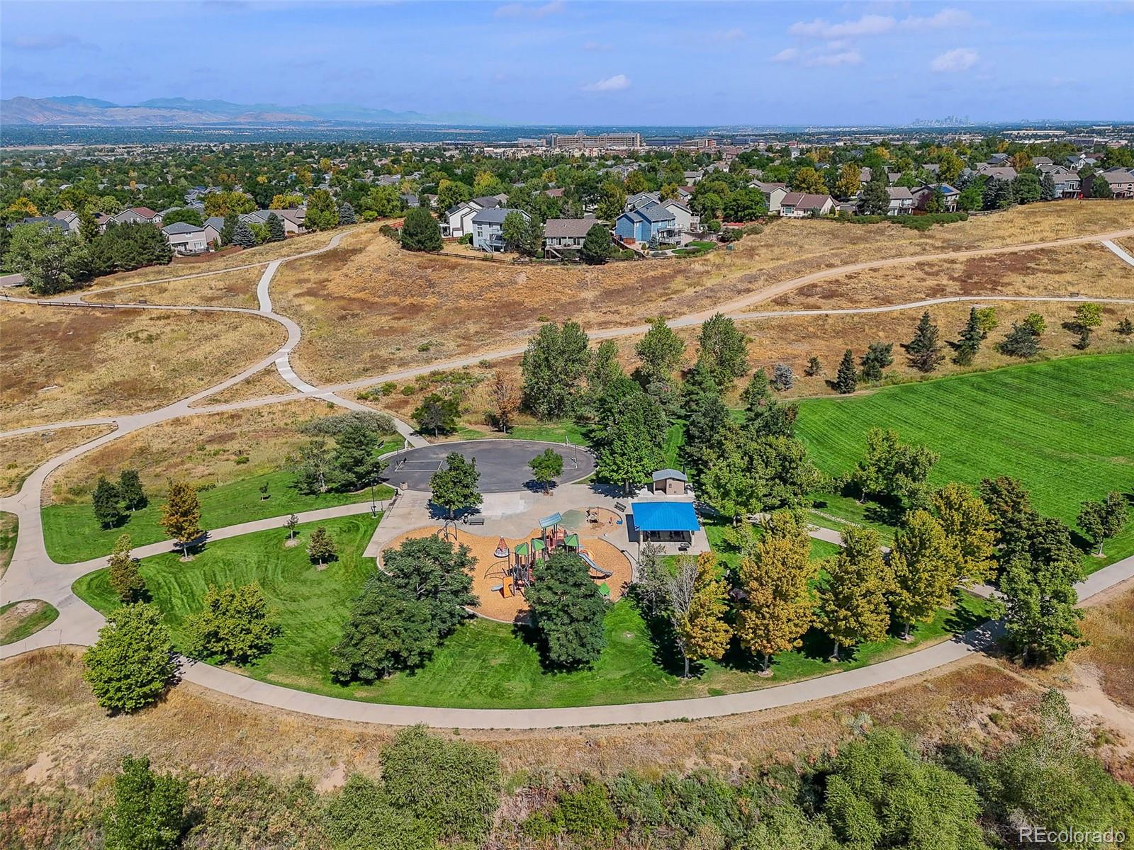 10123 Mockingbird Lane Highlands Ranch, CO 80129 - Photo 38 of 43 an aerial view of residential houses with outdoor space and trees