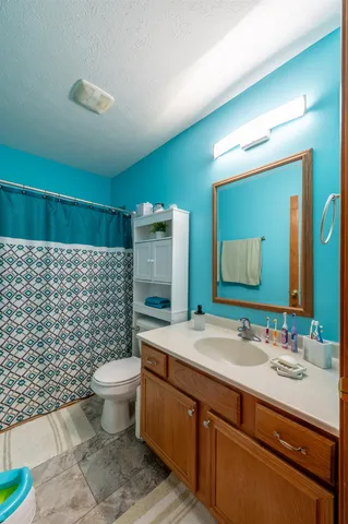 a bathroom with a sink toilet and mirror