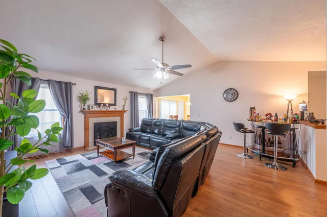 a living room with furniture a fireplace and a potted plant