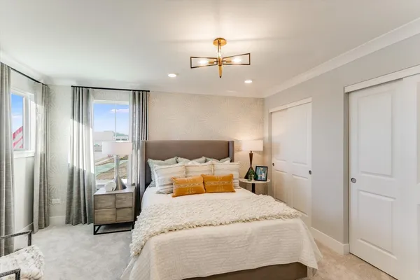 a bedroom with a bed a chandelier and a walk in closet