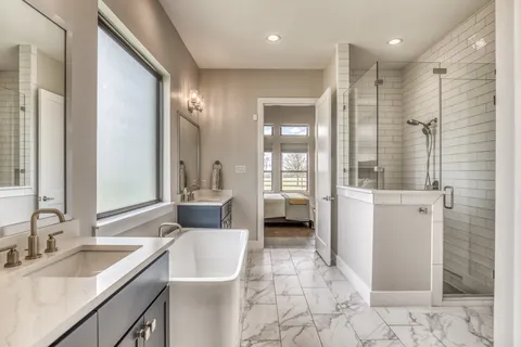 a bathroom with a double vanity sink a mirror and a shower