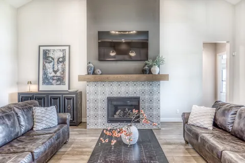 a living room with furniture and a fireplace