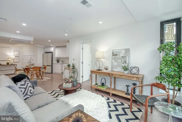 a living room with furniture and a potted plant