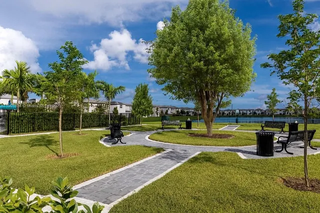 a view of a park with swings