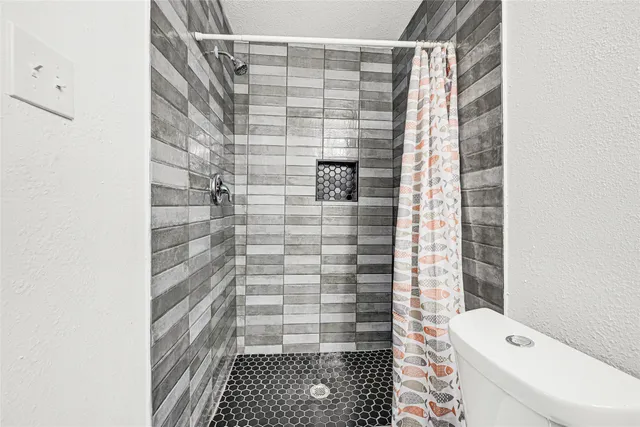 a bathroom with a shower and a toilet