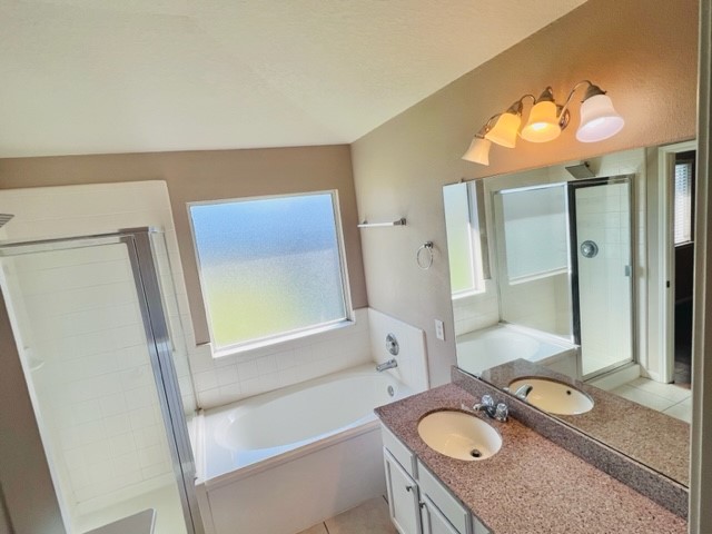 21606 Falvel Lake Drive Spring, TX 77388 - Photo 7 of 24 a bathroom with a granite countertop sink vanity mirror bathtub and shower