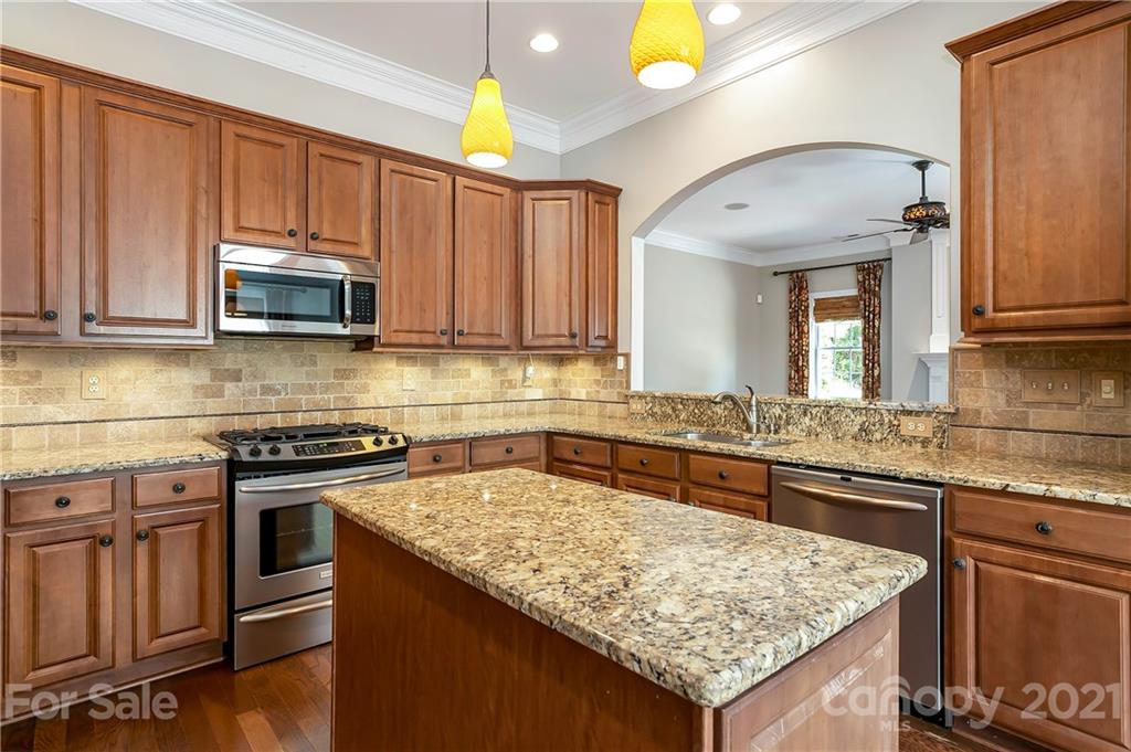 3108 Bridgewick Road Waxhaw, NC 28173 - Photo 15 of 42 a kitchen with stainless steel appliances granite countertop a stove a sink and a microwave