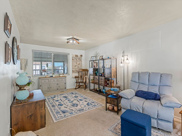 1502 North 475 West Sunset, UT 84015 - Photo 7 of 23 Carpeted living area featuring a large window with horizontal blinds, a ceiling-mounted light fixture, and white painted walls