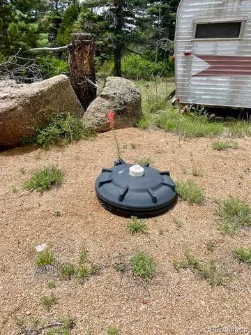a view of a backyard with plants and a patio