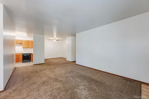 a view of an empty room with a fireplace