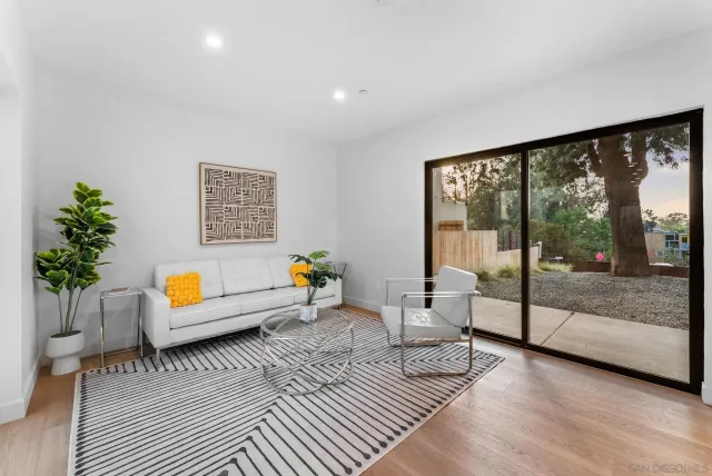 a living room with furniture and a potted plant