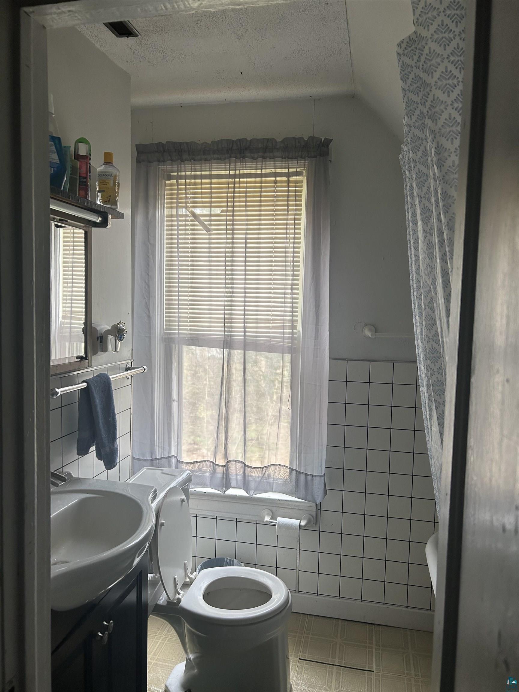 421 South Main Street Mellen, WI 54546 - Photo 7 of 8 Bathroom with toilet, vaulted ceiling, tile walls, a textured ceiling, and vanity