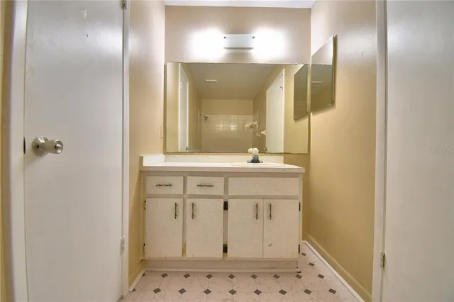 a bathroom with a sink a mirror and a shower