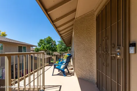 a front view of a house with patio