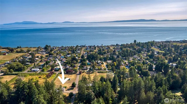 an aerial view of a house with yard
