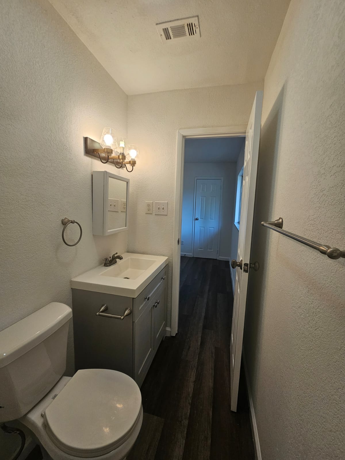 1401 Trinity Street Lockhart, TX 78644 - Photo 16 of 31 Bathroom featuring a vanity with an integrated sink, a three-light fixture, and wood-finish flooring
