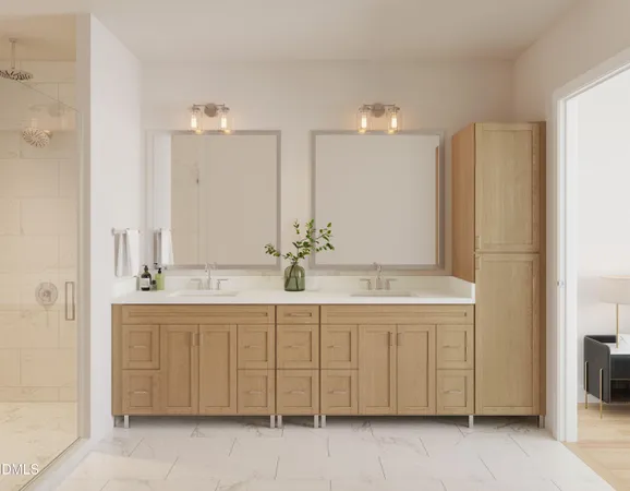 a bathroom with a double vanity sink and a mirror
