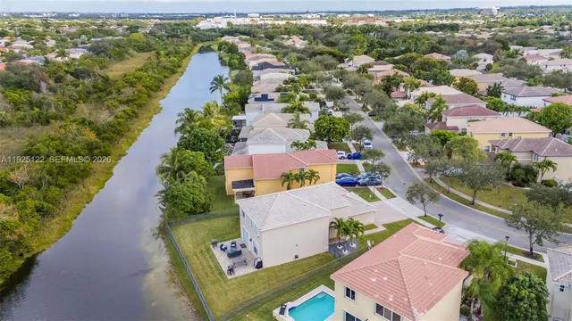an aerial view of residential house with outdoor space and swimming pool