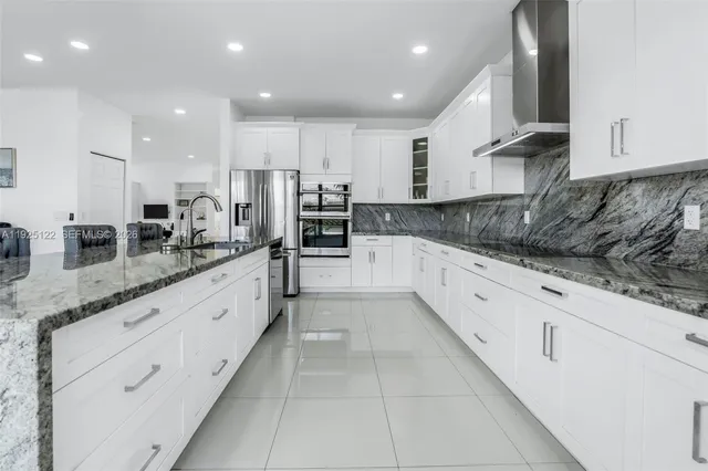 a large kitchen with stainless steel appliances lots of counter top space