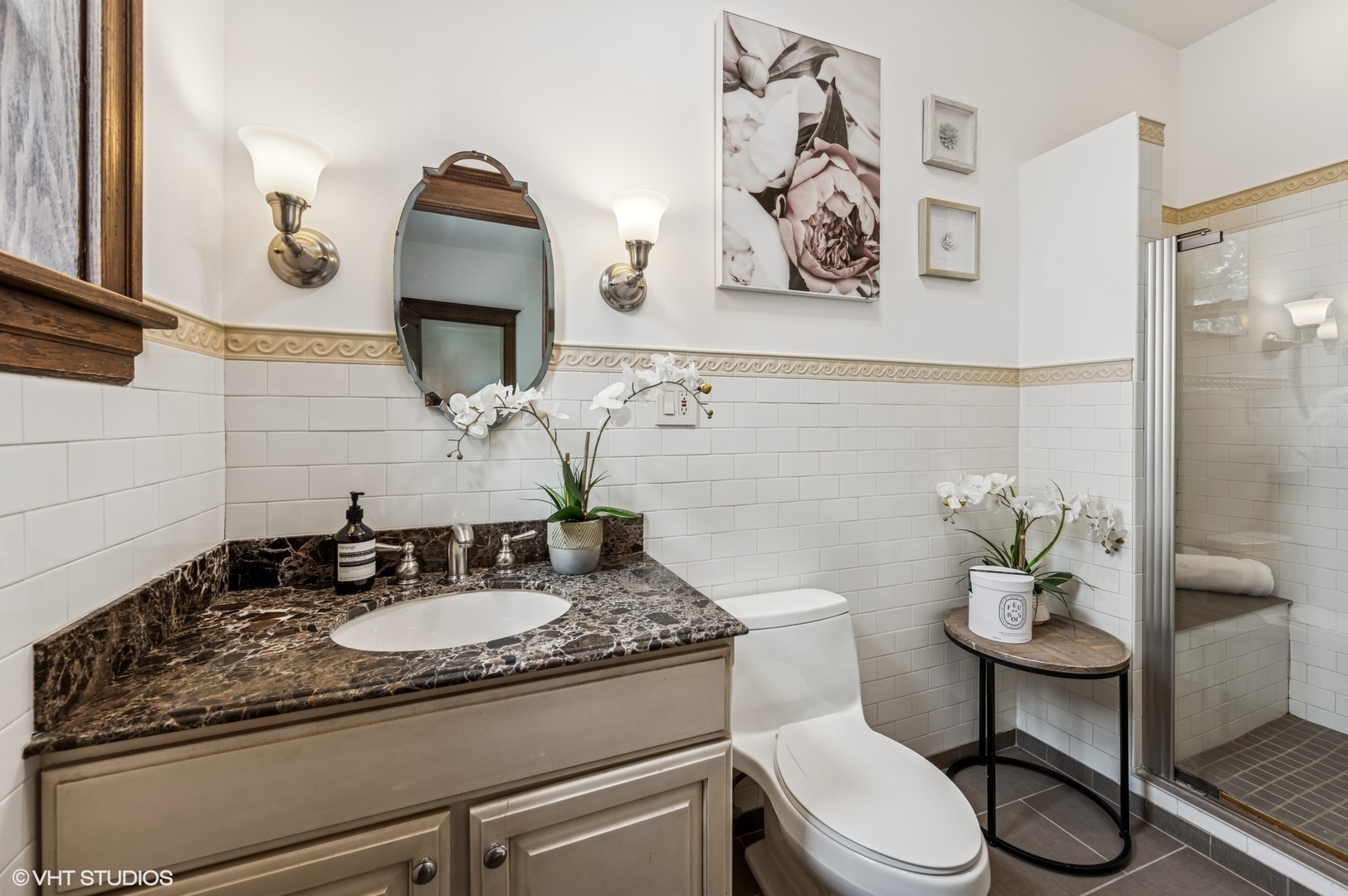 2137 West Cortez Street, Unit 2 Chicago, IL 60622 - Photo 14 of 19 a bathroom with a granite countertop sink and a mirror