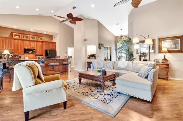 a living room with furniture ceiling fan and a rug