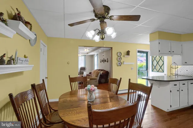 a view of a dining room with furniture