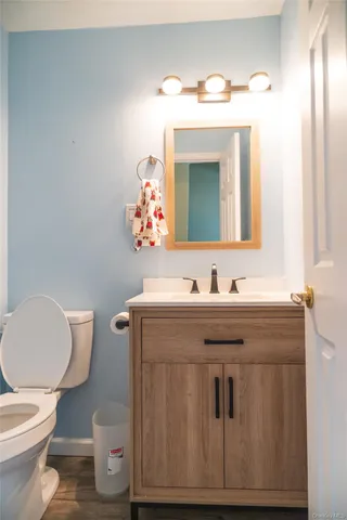 a bathroom with a toilet sink and mirror
