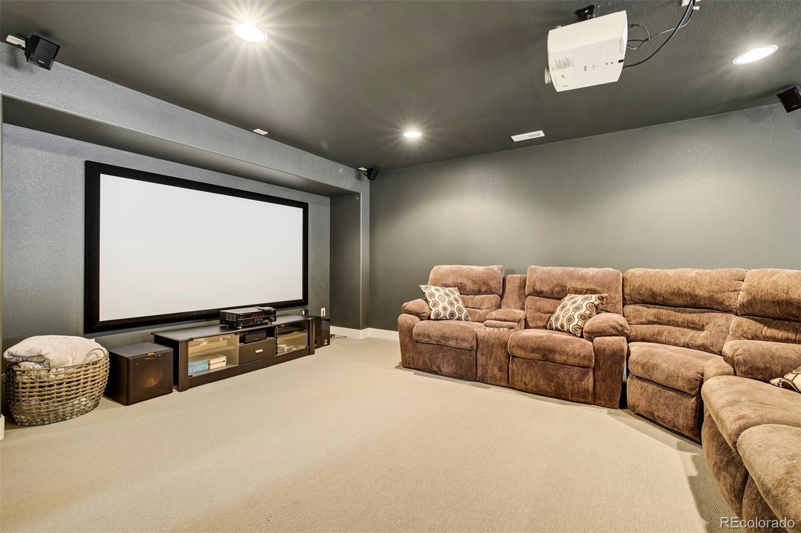 4970 Rabbit Mountain Court Colorado Springs, CO 80924 - Photo 30 of 50 a projector room with couch a projector and a flat screen tv