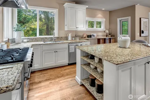 a kitchen with stainless steel appliances granite countertop a stove a sink and a microwave