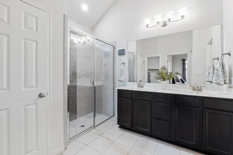 a bathroom with a shower sink and mirror