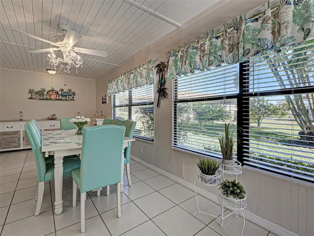 a view of a dining room with furniture and window