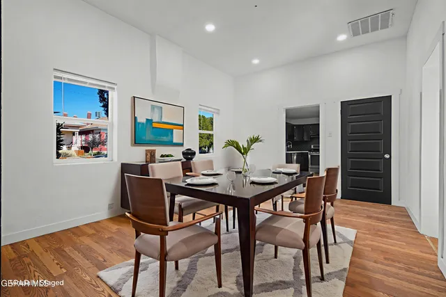 a view of a dining room with furniture