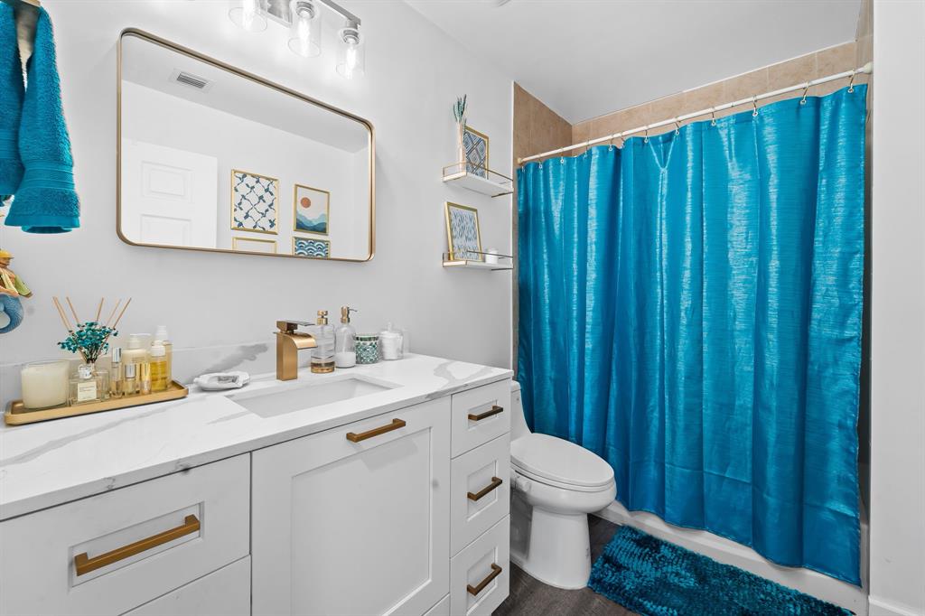275 Northeast 18th Street, Unit 202 Miami, FL 33132 - Photo 9 of 20 a bathroom with a granite countertop sink mirror vanity and toilet