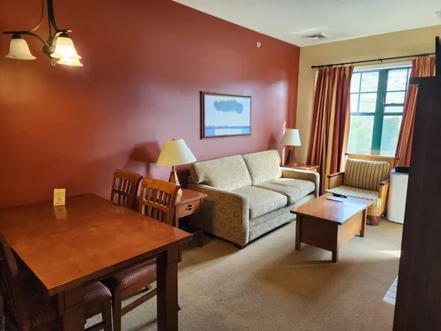 a view of a dining room with furniture