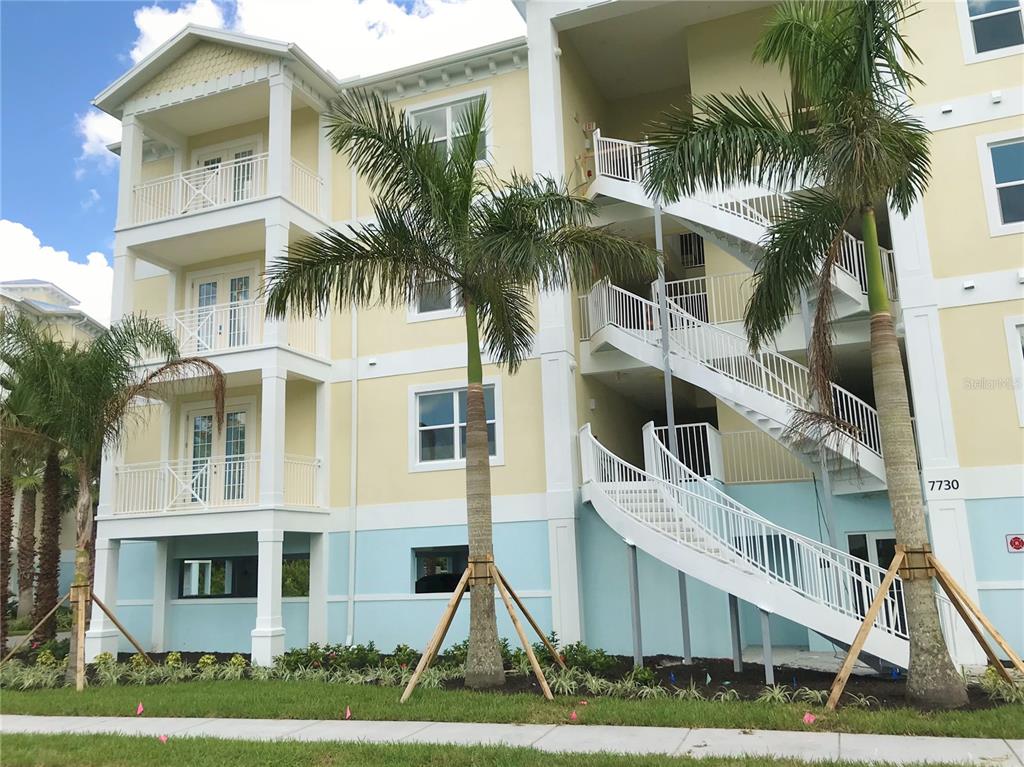 a front view of a multi story building