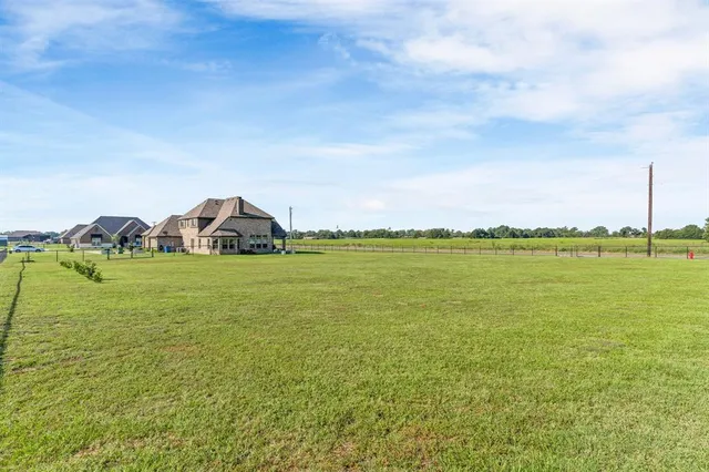 a view of a house with a big yard potted plants and large tree